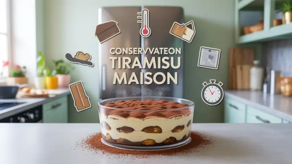 Conservation tiramisu maison au réfrigérateur, texture parfaite