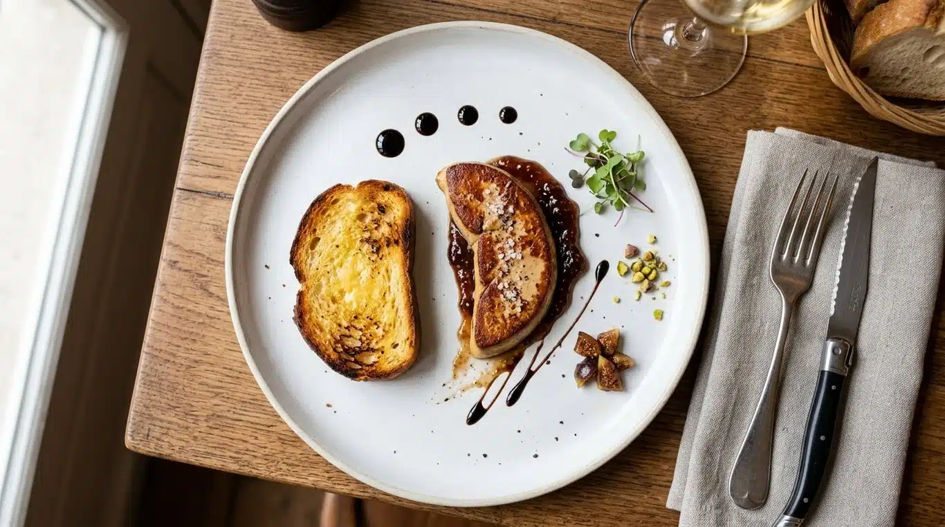 Assiette de foie gras élégamment dressée avec pain brioché et confit de figues