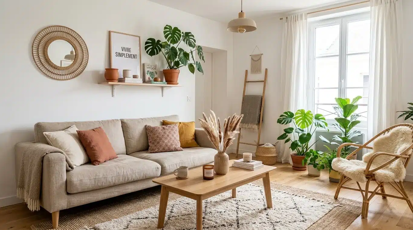 Salon au style scandi-bohème avec canapé en lin, tapis superposés et plantes vertes
