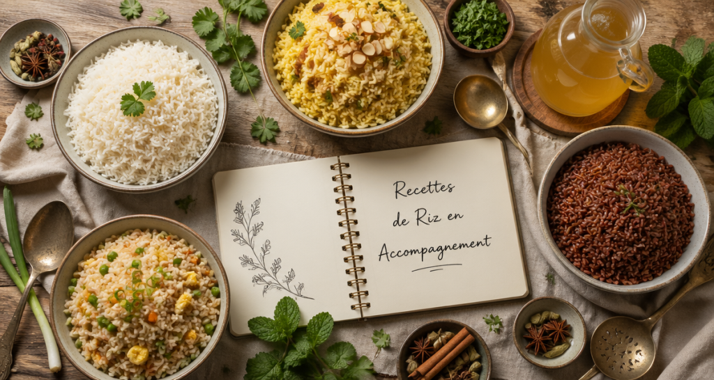 Riz en accompagnement recettes, bols variés sur table rustique