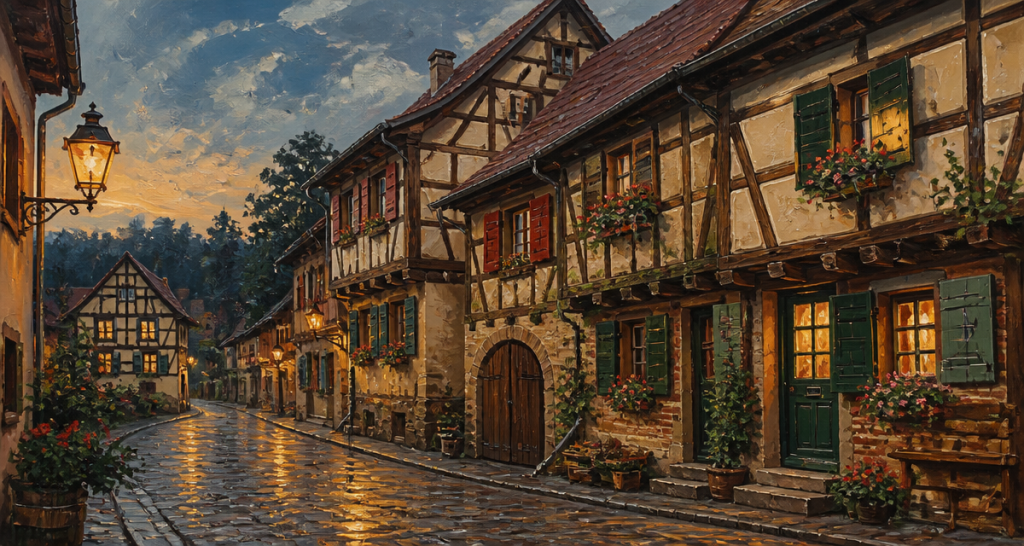 colombage maison alsacienne village crépuscule