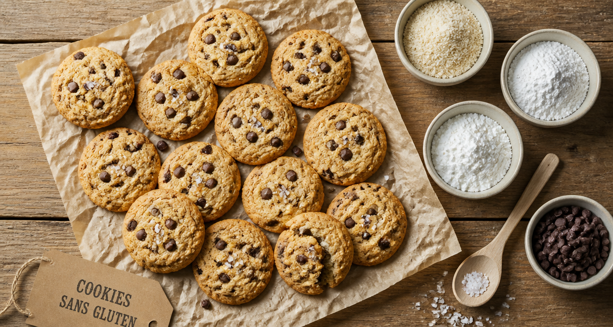 cookies sans gluten aux pépites de chocolat sur table rustique