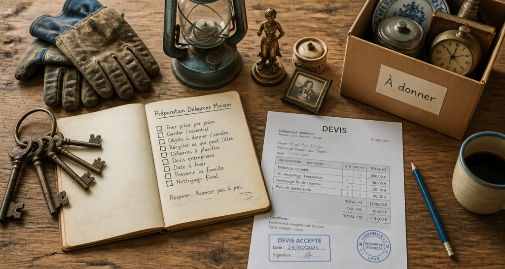 debarras maison checklist sur table avec objets