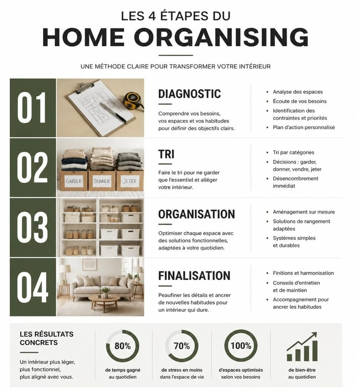 Infographie des étapes du home organising pour une aide au rangement maison efficace