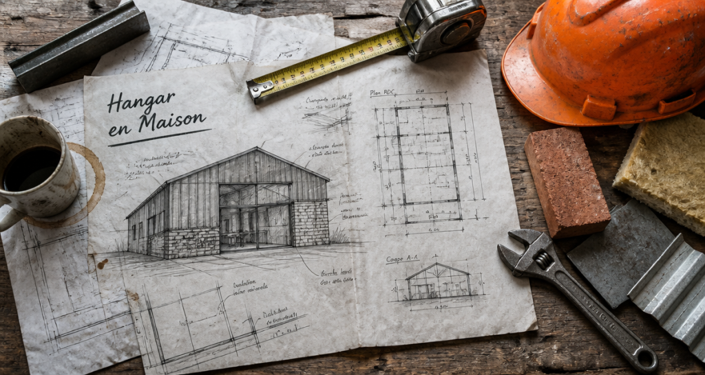 hangar aménagé en maison avec plans et outils