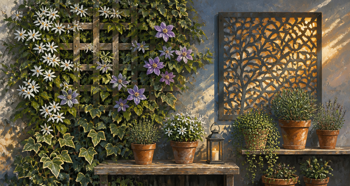 idee pour cacher un mur exterieur avec treillage et panneau decoratif
