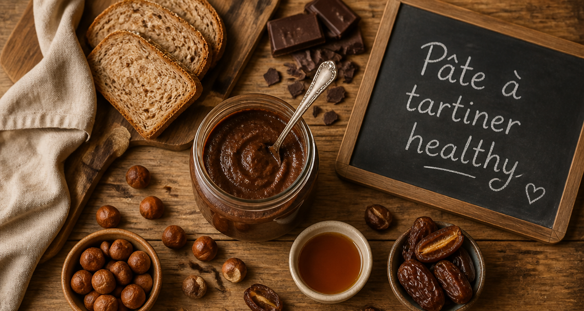 Pate a tartiner healthy maison sur table avec noisettes et chocolat