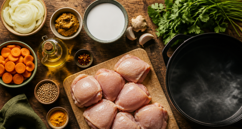 Plat a base de poulet curry coco sur plan de travail