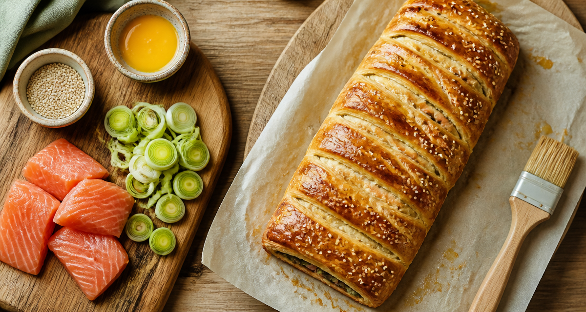 recette feuilleté salé tressé doré sur table rustique