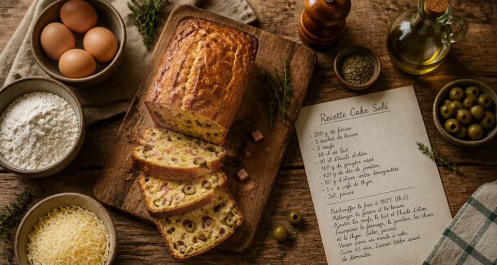 recette salé cake olives jambon sur table rustique