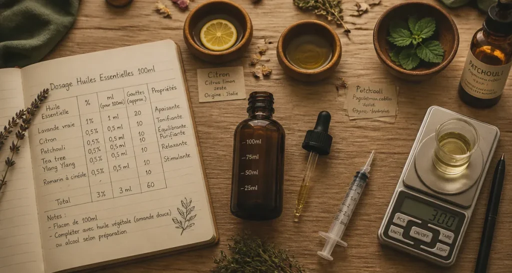 Combien de gouttes d'huile essentielle pour 100ml, flacon, seringue et tableau de dosage