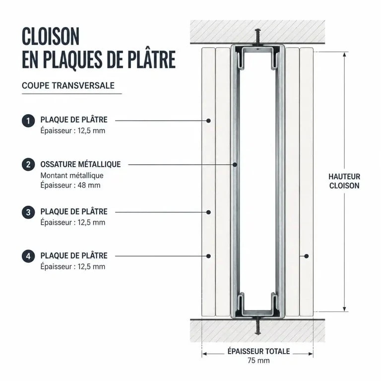 Schéma technique de la composition d'une cloison en placo avec ossature et plaques