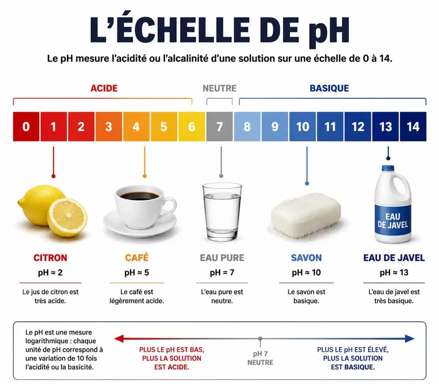 Infographie de l'échelle de pH de l'eau montrant les niveaux d'acidité et d'alcalinité