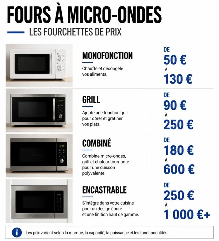 Infographie comparative des prix des micro-ondes selon le type d'appareil