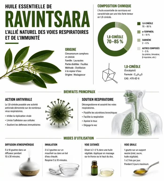 Infographie sur les bienfaits et propriétés de l'huile essentielle de ravintsara
