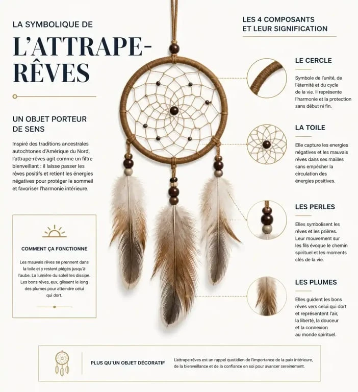 Infographie expliquant la signification symbolique des composants d'un attrape-rêve traditionnel