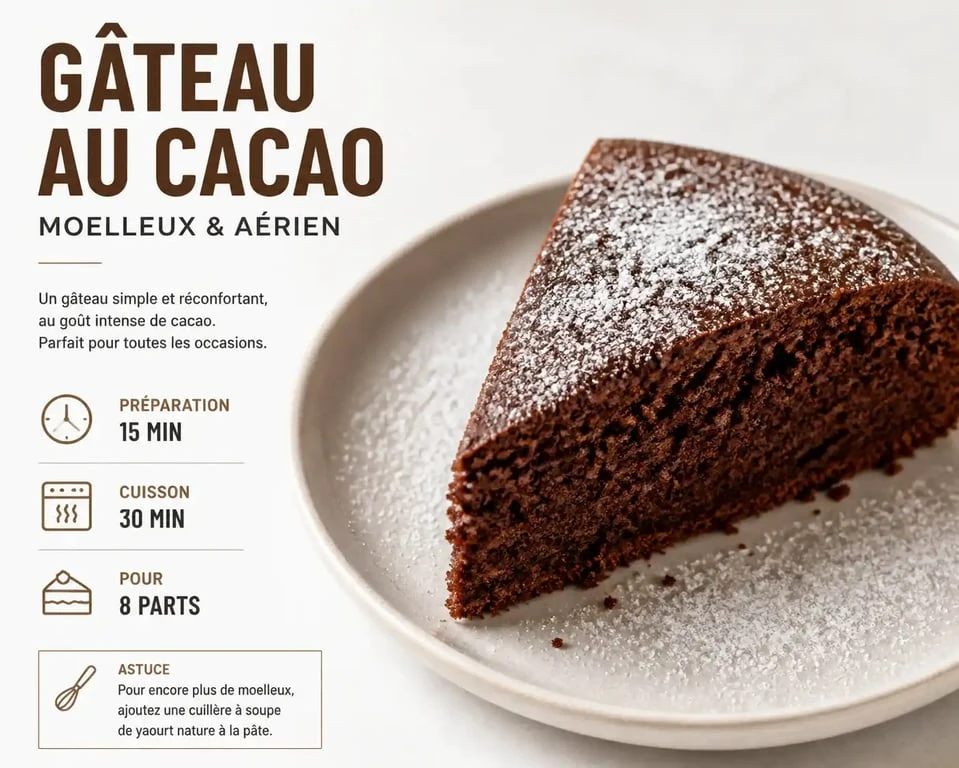 Gâteau au cacao moelleux et aérien servi dans une assiette