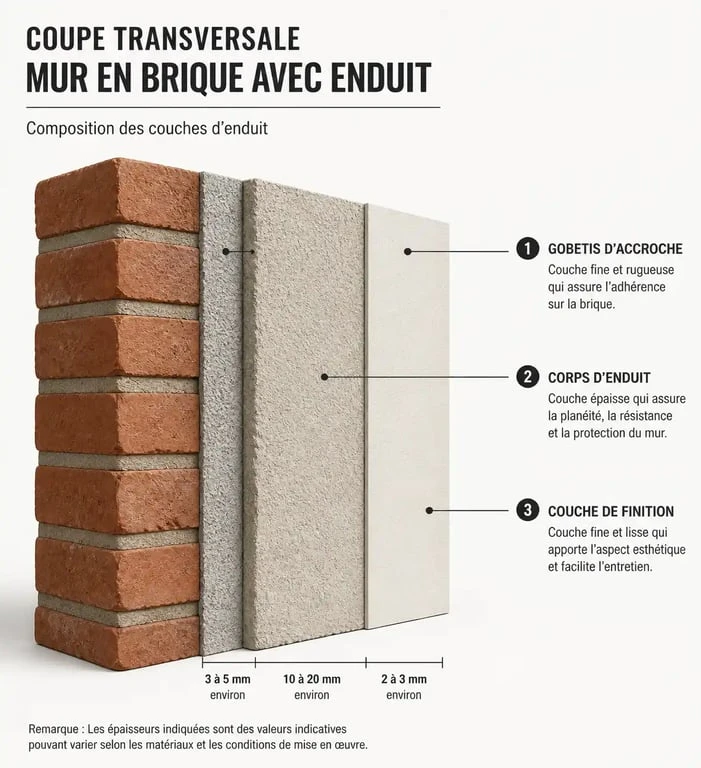 Schéma technique des trois couches d'enduit sur brique pour une rénovation durable
