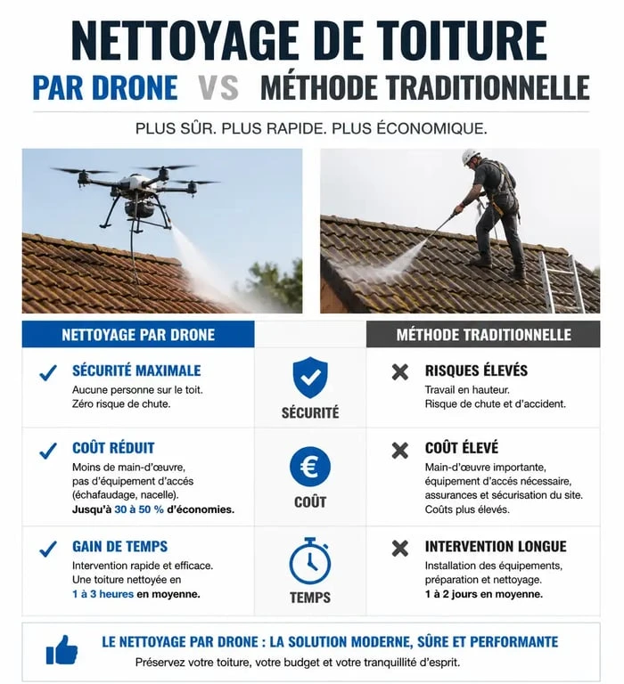 Comparatif nettoyage toiture par drone vs méthode traditionnelle