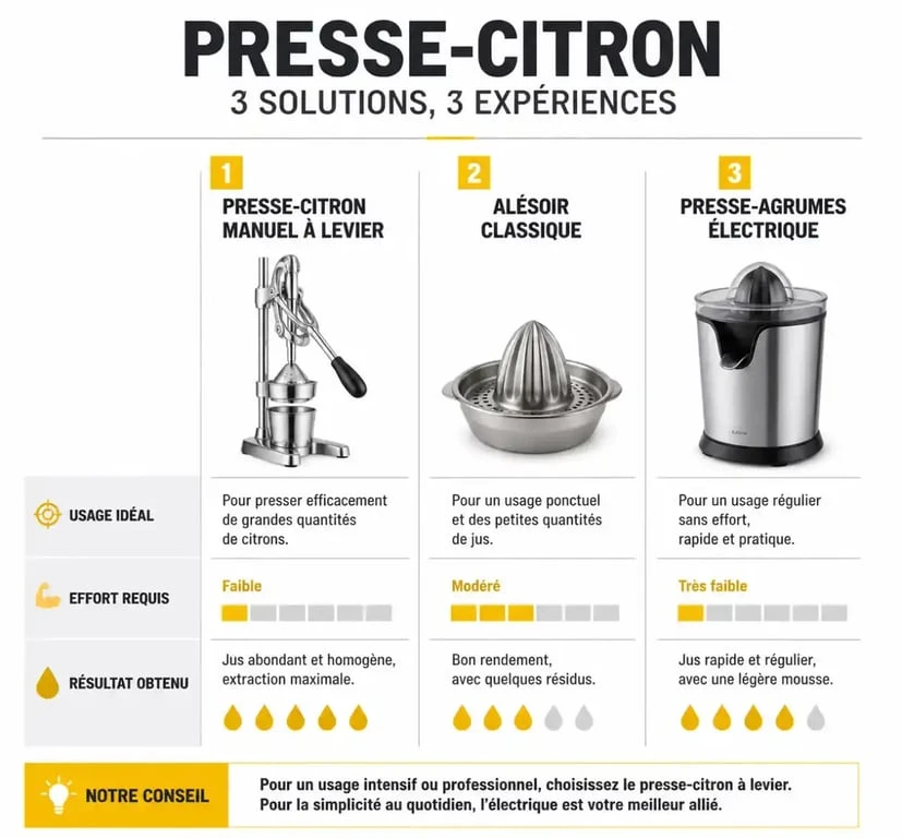 Infographie comparative des différents types de presse-citron pour choisir le modèle adapté à ses besoins en cuisine.