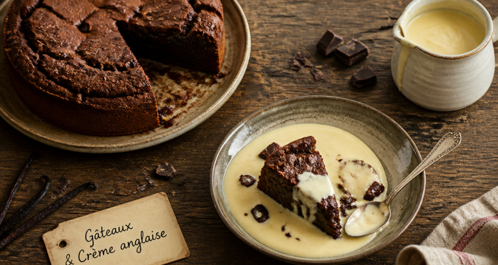 Gâteau pour accompagner une crème anglaise, fondant au chocolat et crème onctueuse