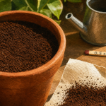 Marquant de marc de café sur terreau pour plantes contre les moucherons