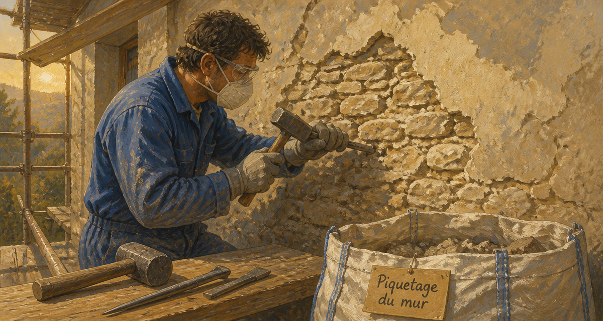piquetage mur ancien artisan outils