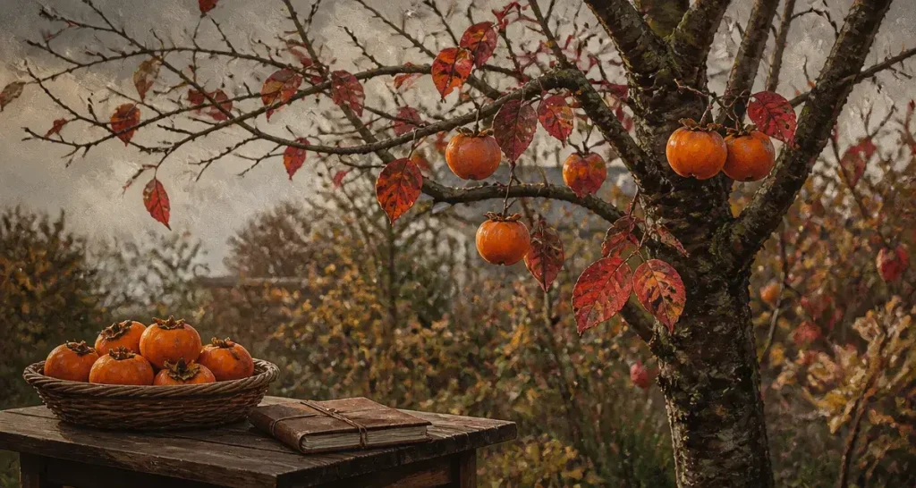 Plaqueminier avec kakis orange vif, fin d’automne au jardin