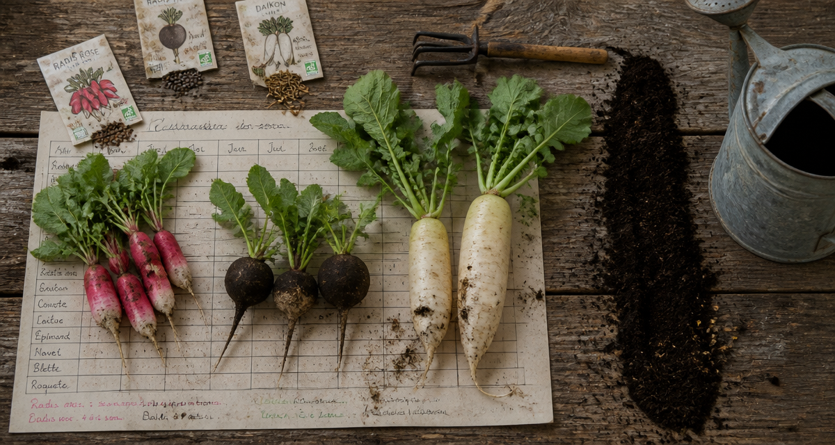 quand semer les radis, variétés et outils sur table de potager