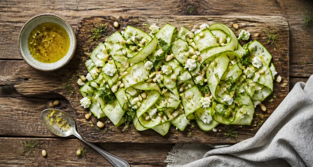 Salade courgette concombre feta pignons herbes
