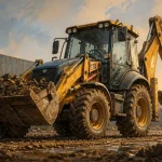 Tractopelle sur chantier : pelle et godet pour terrassement