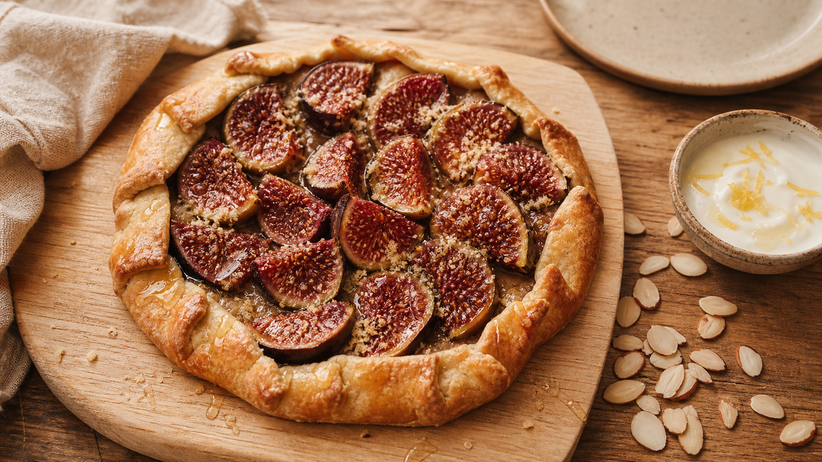 Dessert au figues fraiches : tarte rustique aux figues rôties, miel et amandes