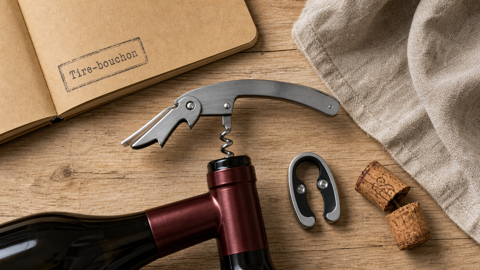 Tir bouchon sommelier sur bouteille de vin, coupe-capsule et liège