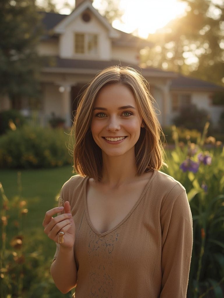 A person smiling peacefully, holding a key in a lush green garden. The house in the background looks warm and inviting. High quality, natural sunlight. Properti Menarik untuk Investasi Masa Depan.