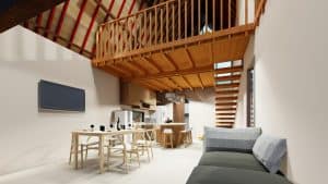 Interior modern villa dengan pemandangan sawah dan laut dekat Pantai Kelecung, cocok untuk investasi.
