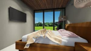 Kamar tidur nyaman dengan pemandangan sawah dan laut dekat pantai Kelecung. Properti leasehold 25 ta.