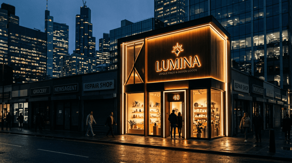 Toko LUMINA menampilkan desain modern dan elegan di pusat kota, menawarkan berbagai produk gaya hidu.