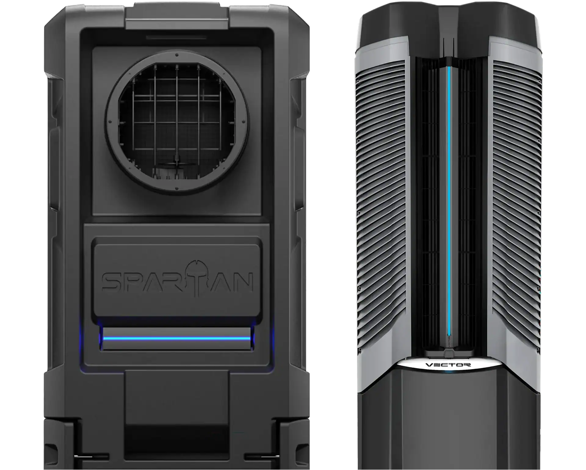 Front view of the Spartan and Vector evaporative coolers side by side