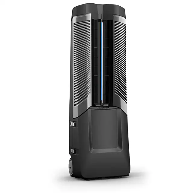 Front view of Vector evaporative cooler showcasing its sleek, modern tower design with vertical air vents and a blue LED accent strip for intelligent airflow control