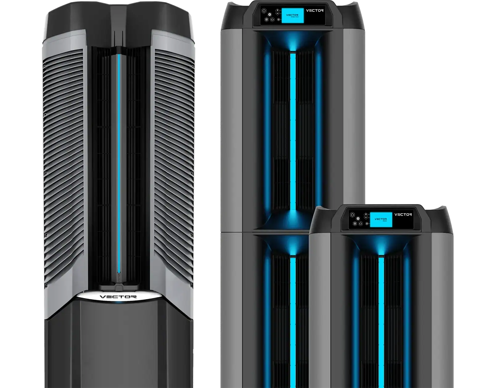Front view of the Vector, Aero and Aero Pro evaporative coolers side by side