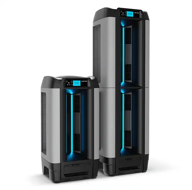 Front view of Aero and Aero Pro evaporative coolers showcasing its modern tower design with vertical air vents and a blue LED accent strip for intelligent airflow control