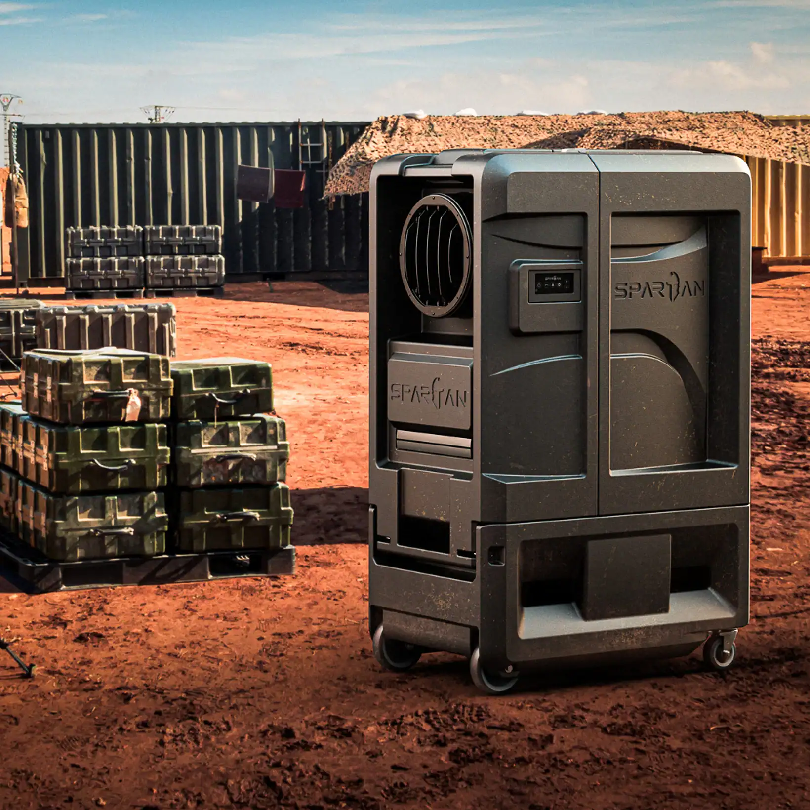 Spartan evaporative cooler positioned on an industrial job site near oil rigs, demonstrating its rugged, field-ready design for demanding environments.