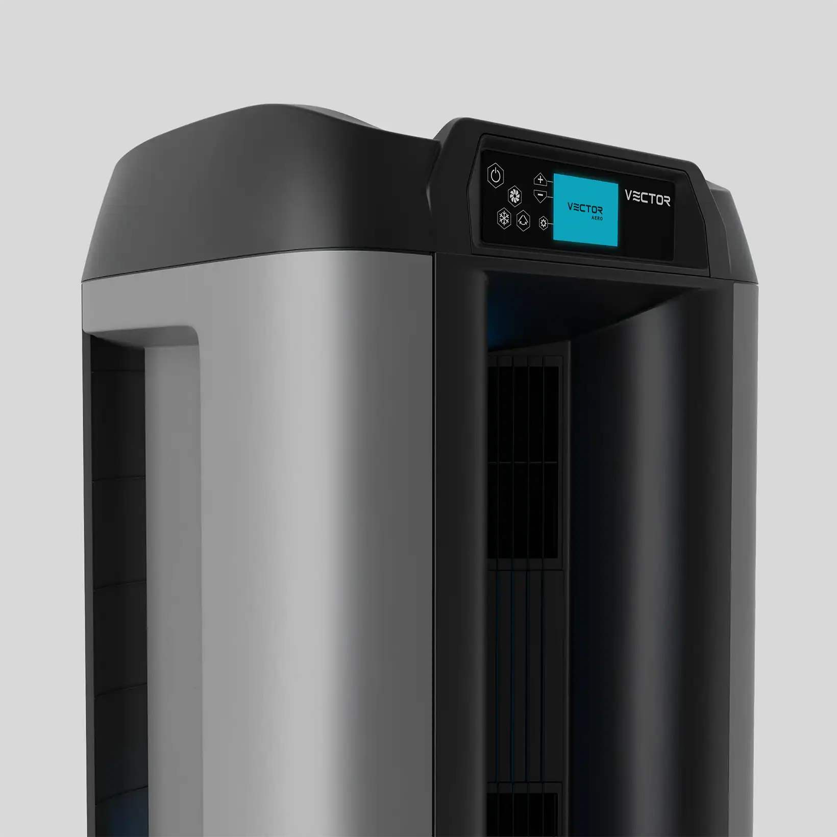 Close-up side view of the Aero evaporative cooler’s top control panel and vent design