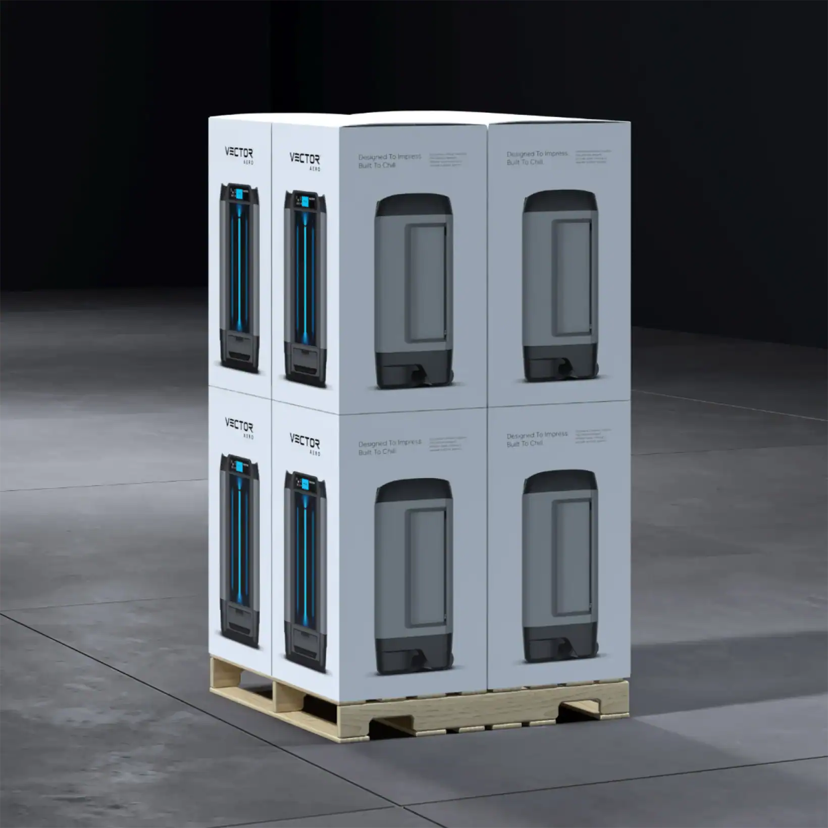 Stacked boxes of Aero evaporative coolers on a wooden pallet, featuring product packaging.