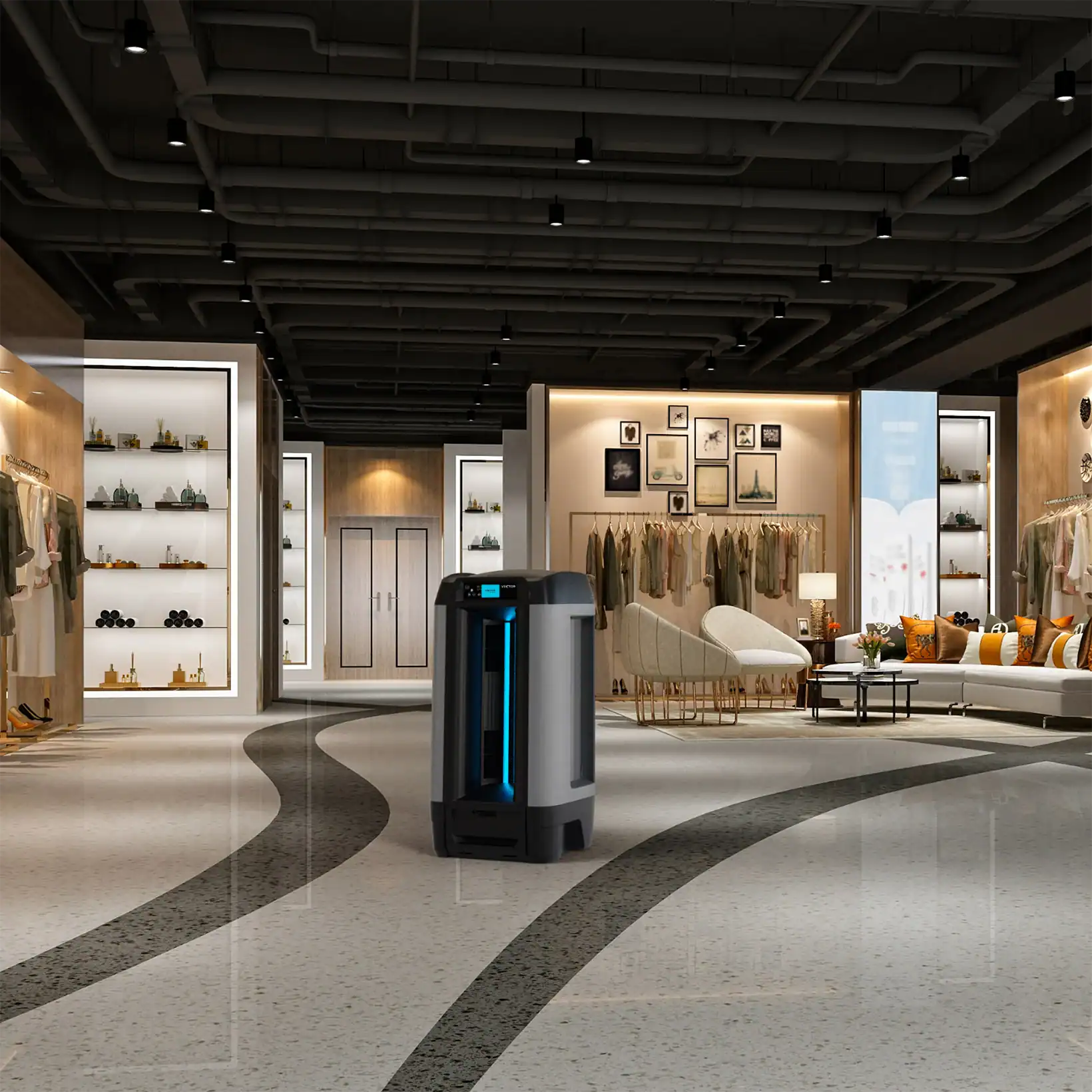 Aero evaporative cooler positioned in a modern indoor retail lounge, surrounded by stylish furniture, plants, and warm lighting.