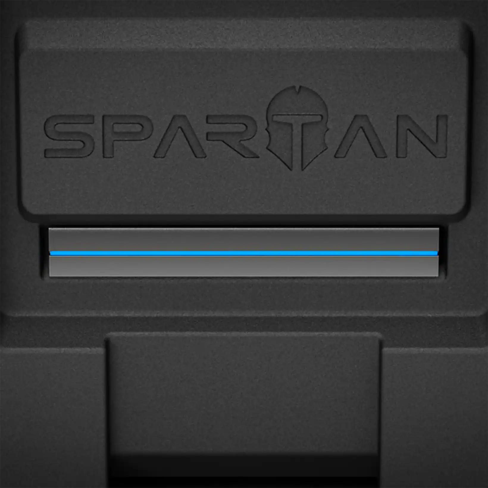 Close-up of Spartan evaporative cooler logo and illuminated blue accent bar on its rugged black exterior.
