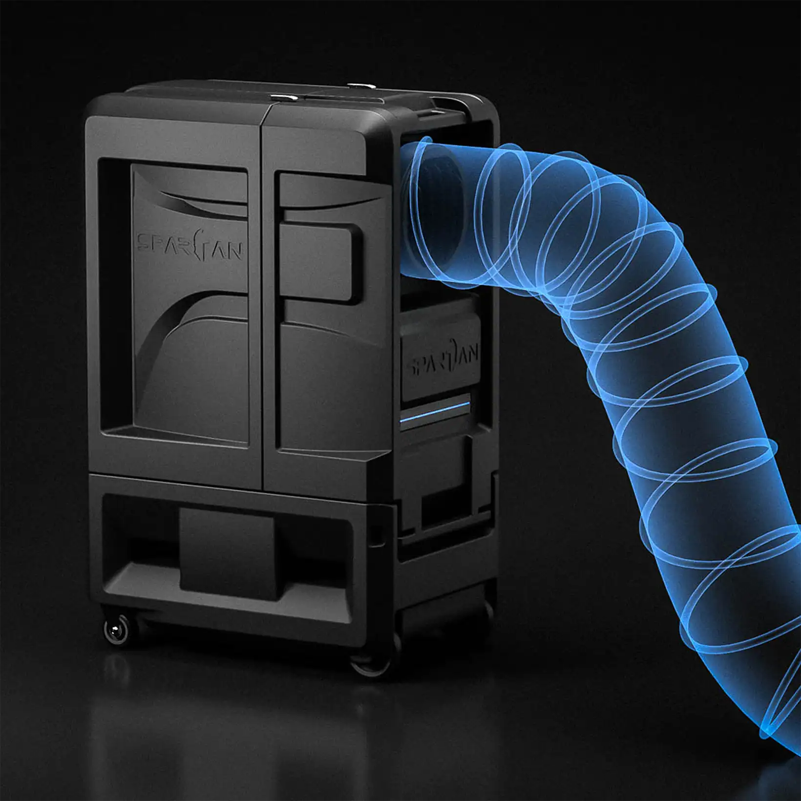 Spartan evaporative cooler with a connected airflow duct visualized in blue, illustrating its high-efficiency air delivery system.