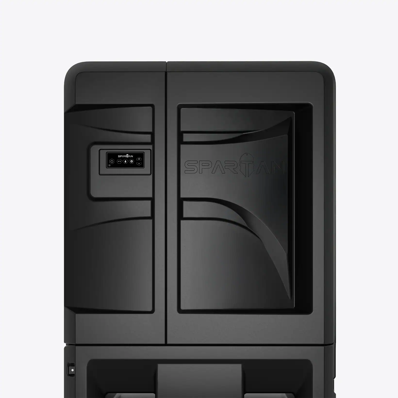 Front view of Spartan evaporative cooler highlighting its sleek, industrial design with integrated control panel and embossed logo.