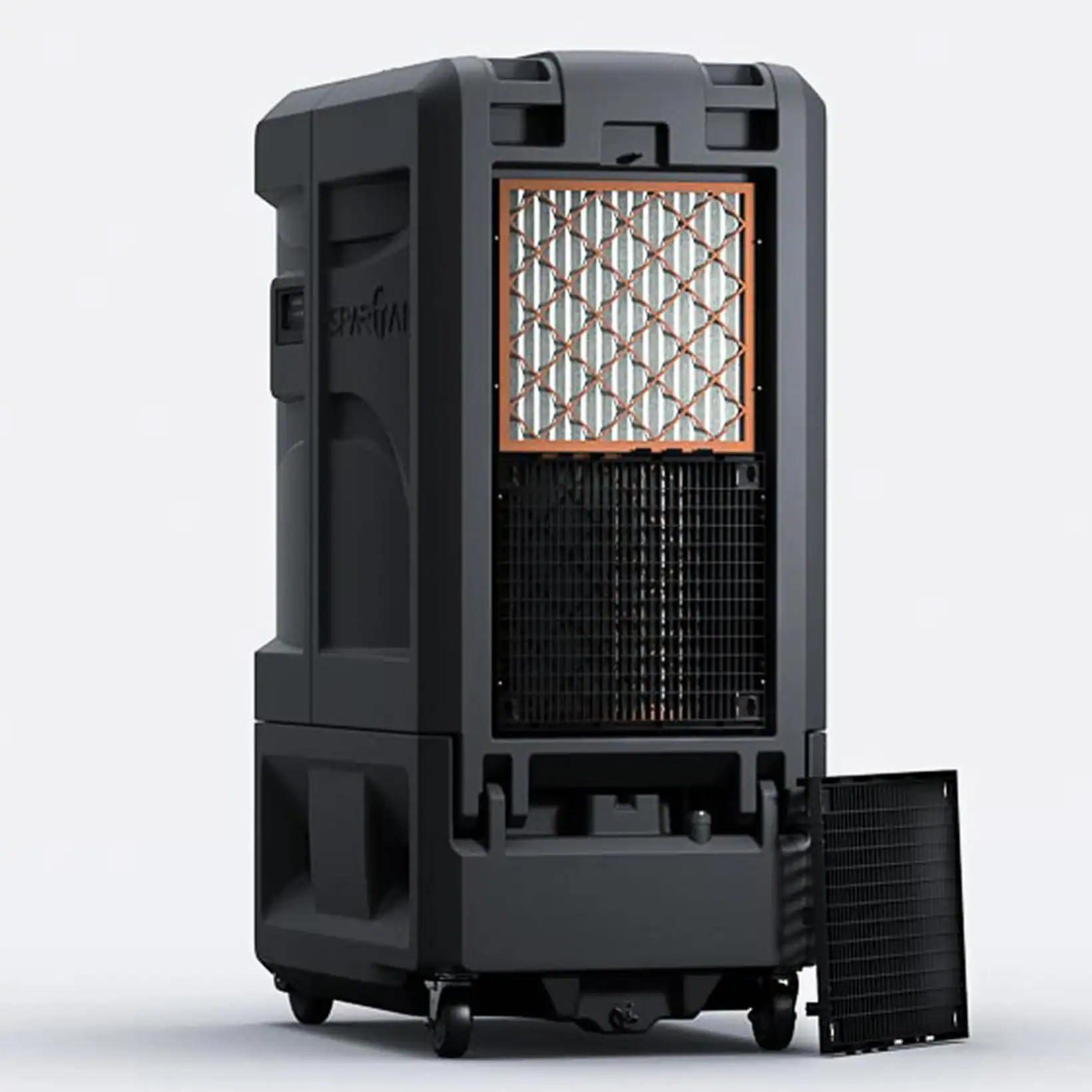 Spartan evaporative cooler with front access panel open, revealing its advanced multi-layer filtration system and durable industrial design.