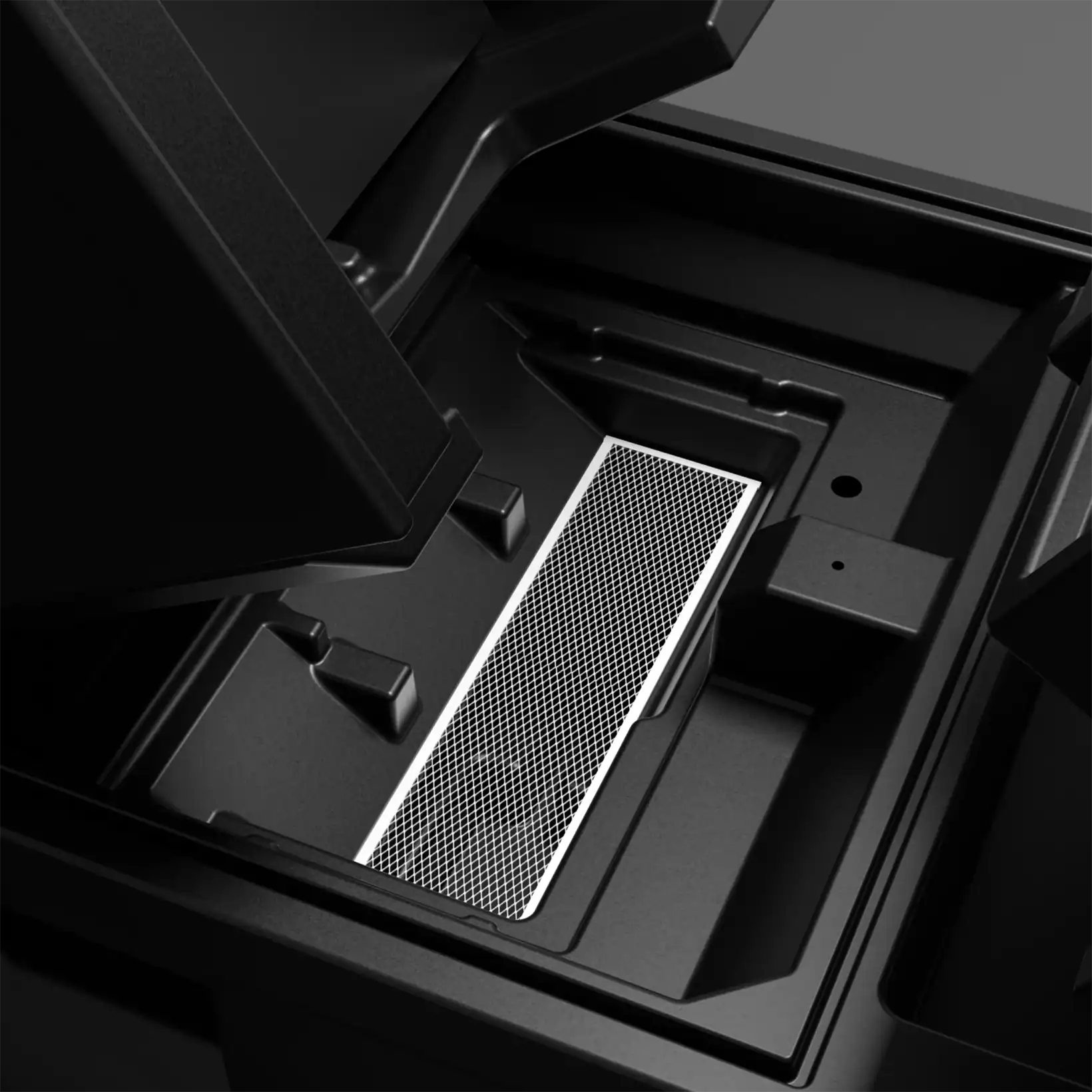 Close-up of the Spartan evaporative cooler’s internal water filtration compartment.